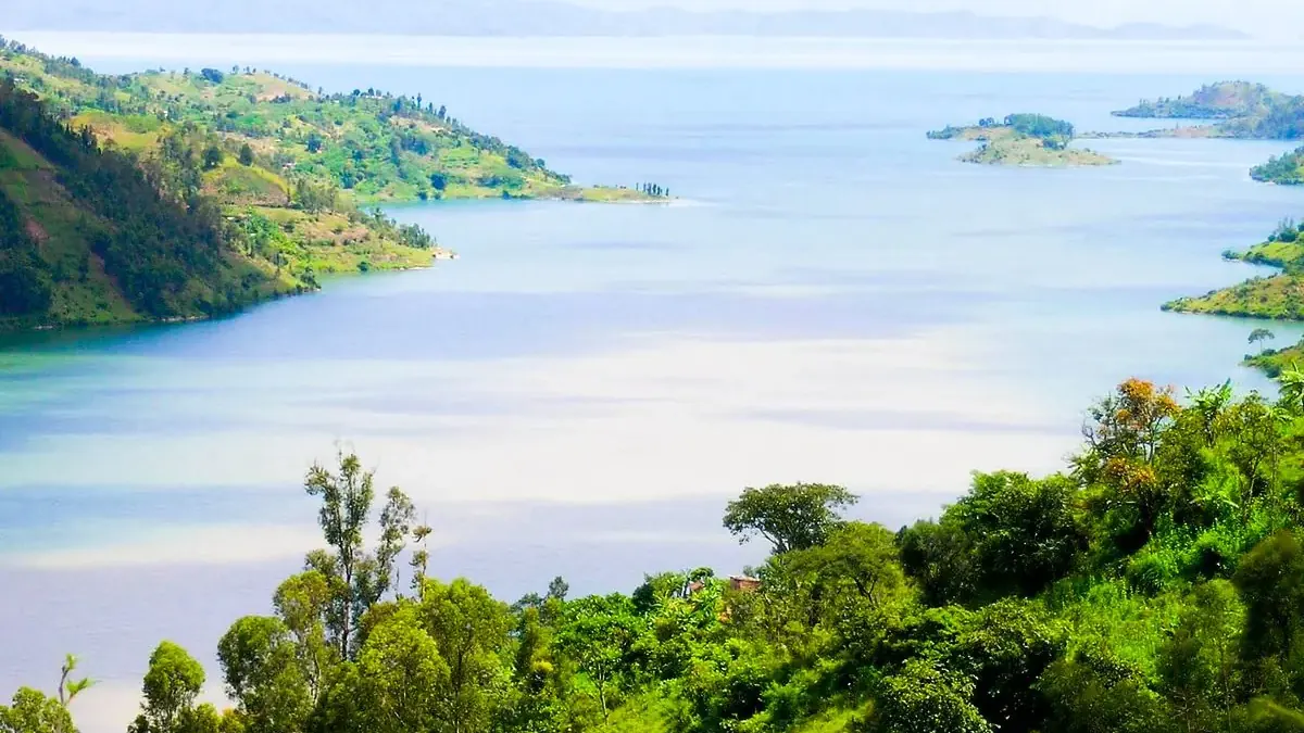 Green islands on Lake Kivu, seen from the hills above Rwanda's shore
